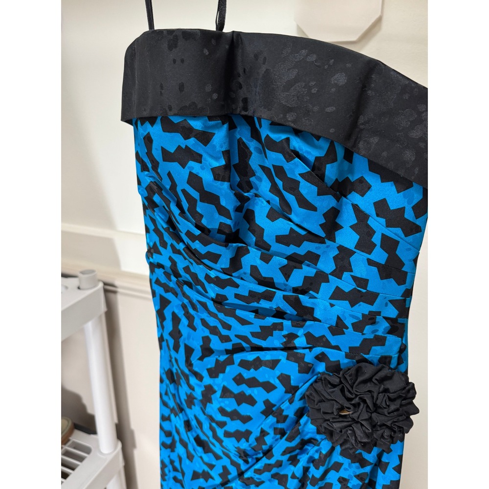 Vintage Cocktail Mini Dress Strapless Silk Sz 4 Blue Black Geometric 80s Glam - Picture 2 of 14